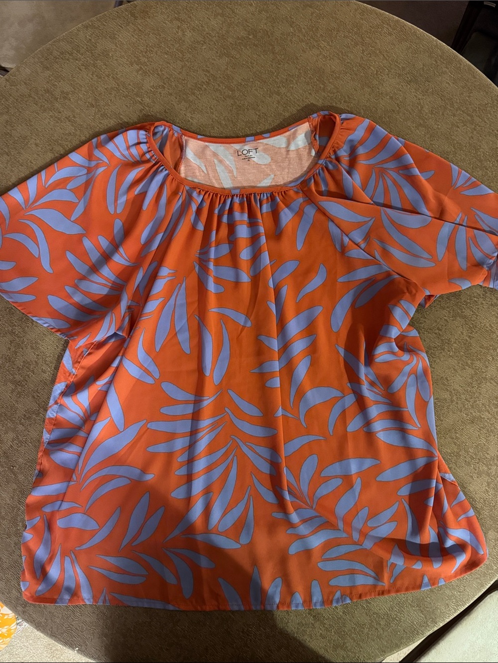 LOFT Orange Blouse with Periwinkle Leaf Print